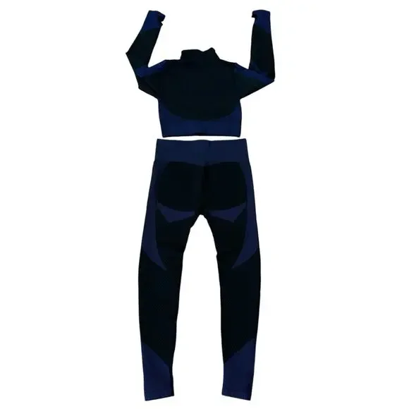 New Mix Zip Up Cropped Active Top & High Waist Leggings Set Black & Blue Size S - Picture 3 of 6